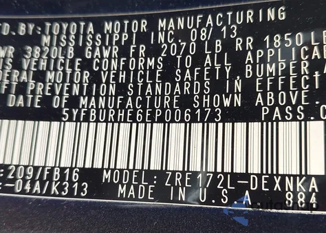 2014 Toyota Corolla Le из США, поврежденный, VIN 5YFBURHE6EP006173